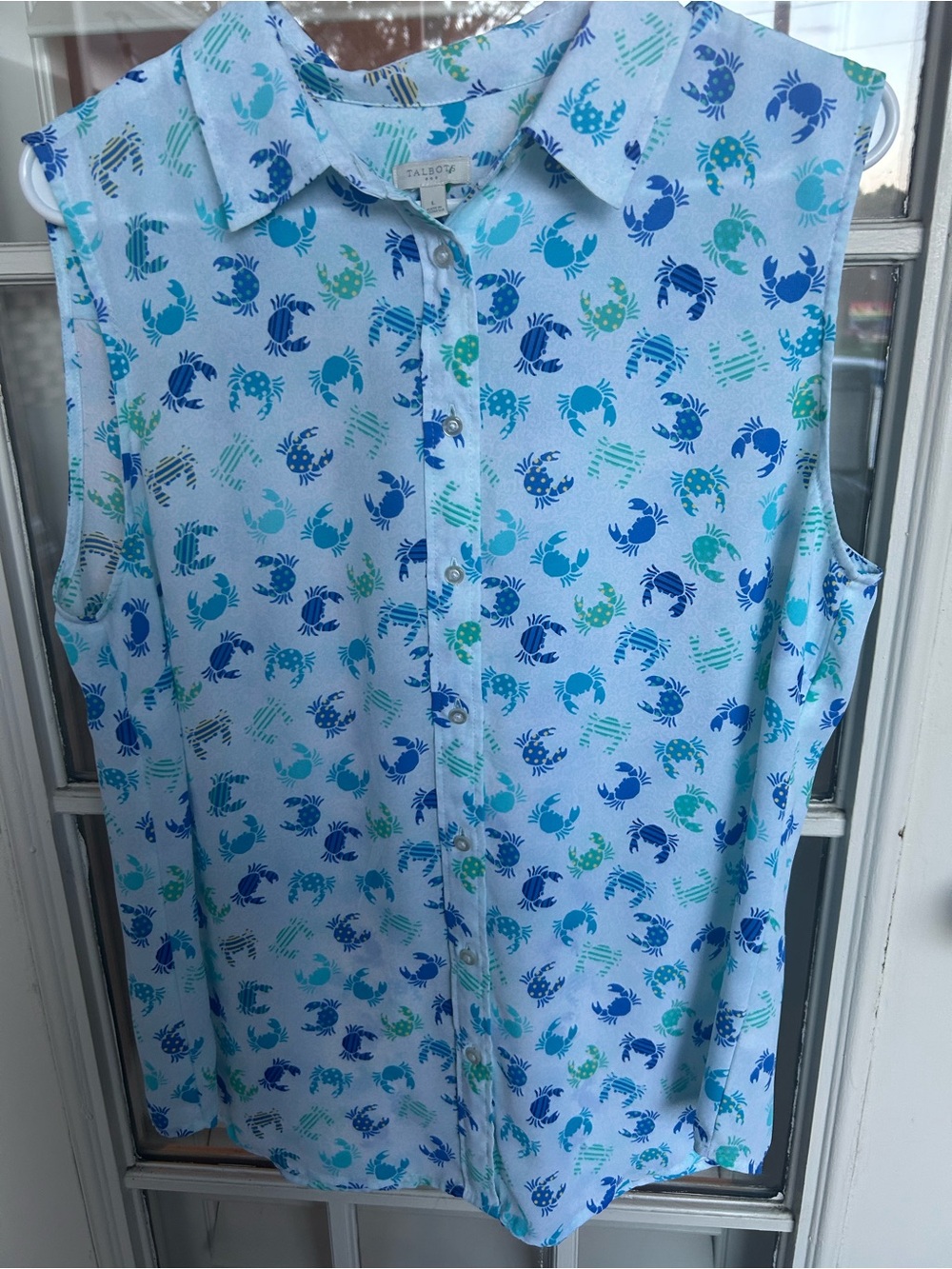 Talbots Light Blue Crab-Print Sleeveless Button-Down Shirt